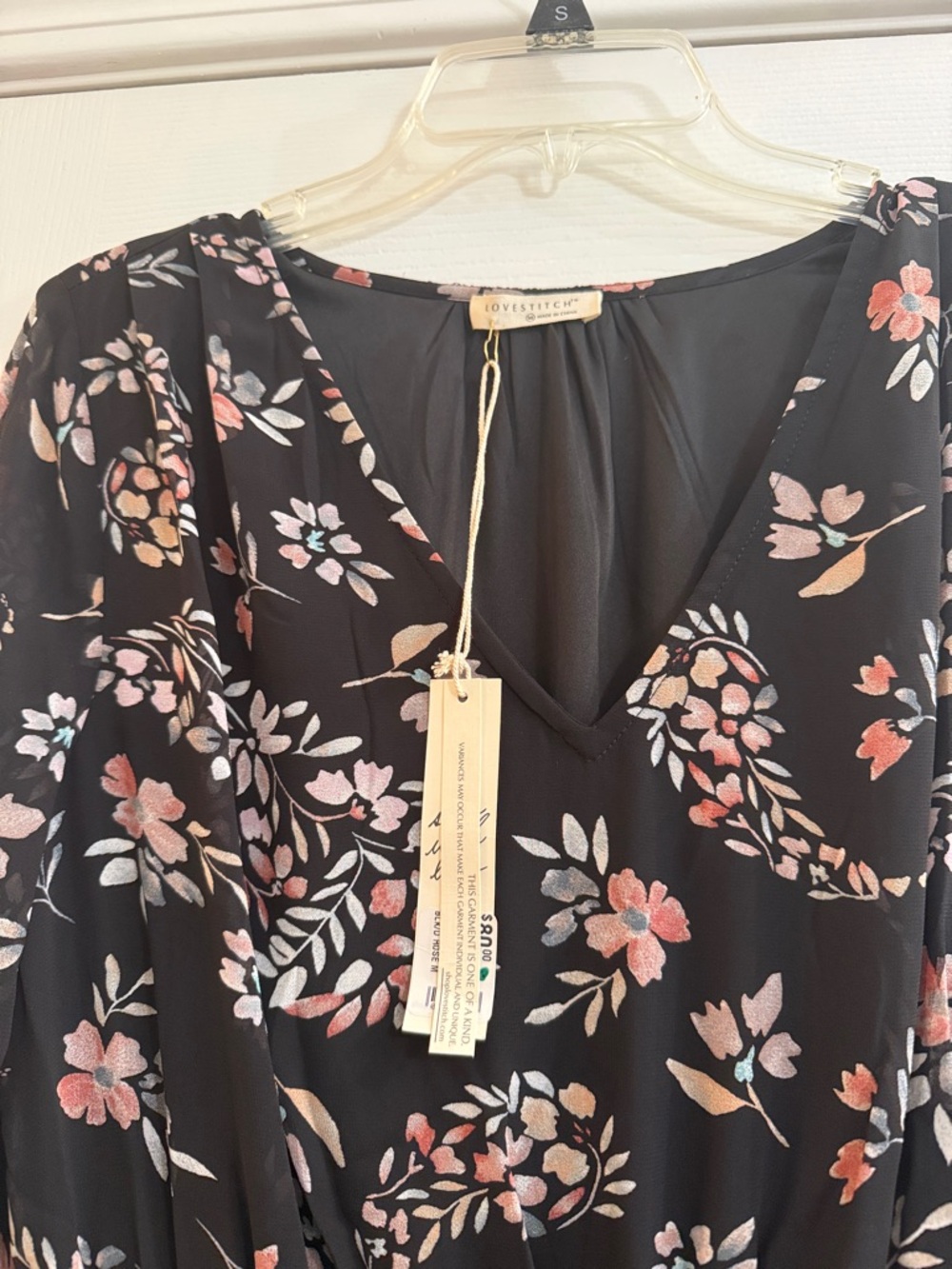lovestitch Black Floral V-Neck Long Sleeve Dress with Pink Flowers - Picture 3 of 8